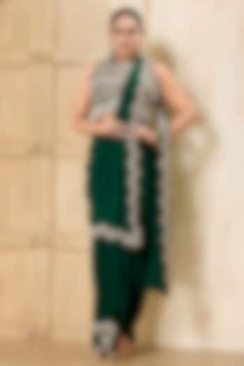 Bottle Green Georgette Embroidered Draped Reception Saree Set by Rashi Kapoor at Pernia's Pop Up Shop