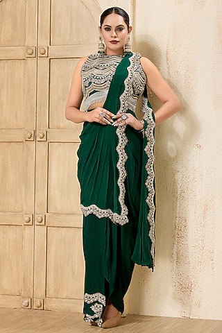 Bottle Green Georgette Embroidered Draped Saree Set by Rashi Kapoor