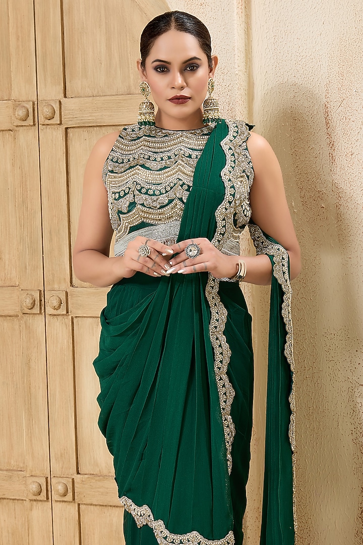Bottle Green Georgette Embroidered Draped Reception Saree Set by Rashi Kapoor at Pernia's Pop Up Shop
