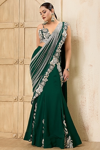Bottle Green Georgette Embroidered Draped Saree Set by Rashi Kapoor