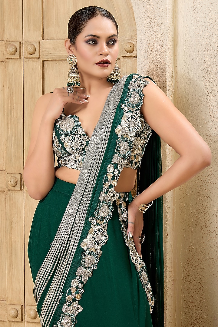 Bottle Green Georgette Embroidered Draped Reception Saree Set by Rashi Kapoor at Pernia's Pop Up Shop