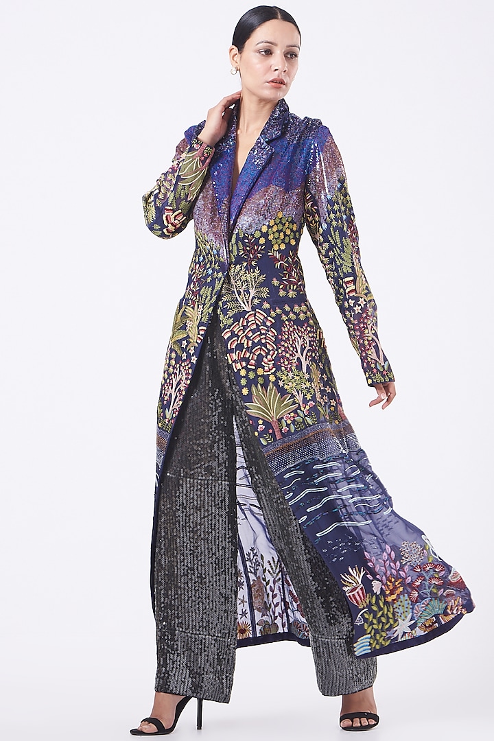 Navy Blue Hand Embroidered A-Line Jacket Set by Rahul Mishra