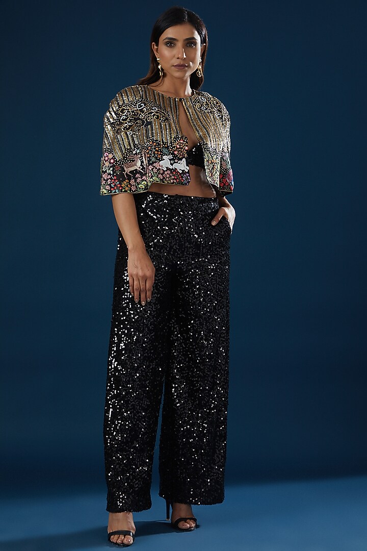 Black Sequins Shantoon Embroidered Cape by Rahul Mishra at Pernia's Pop Up Shop