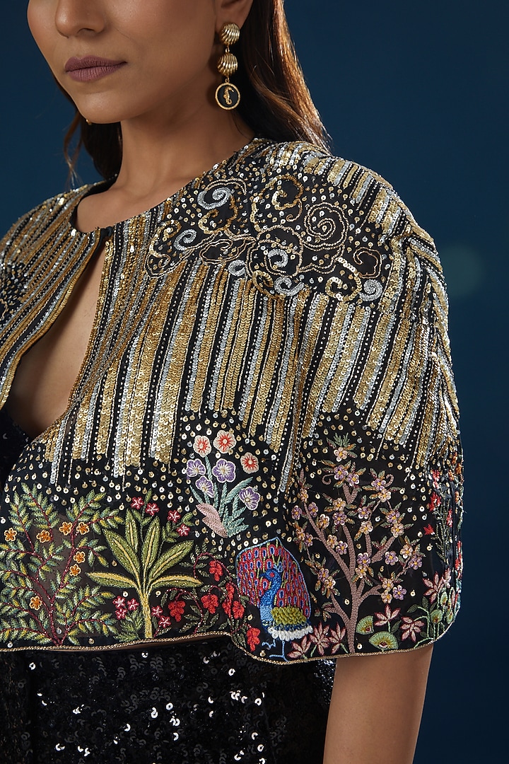 Black Sequins Shantoon Embroidered Cape by Rahul Mishra at Pernia's Pop Up Shop