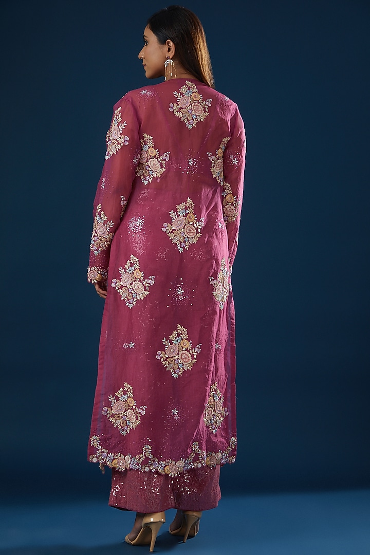 Red Silk Organza Hand Embroidered Jacket Set by Rahul Mishra at Pernia's Pop Up Shop