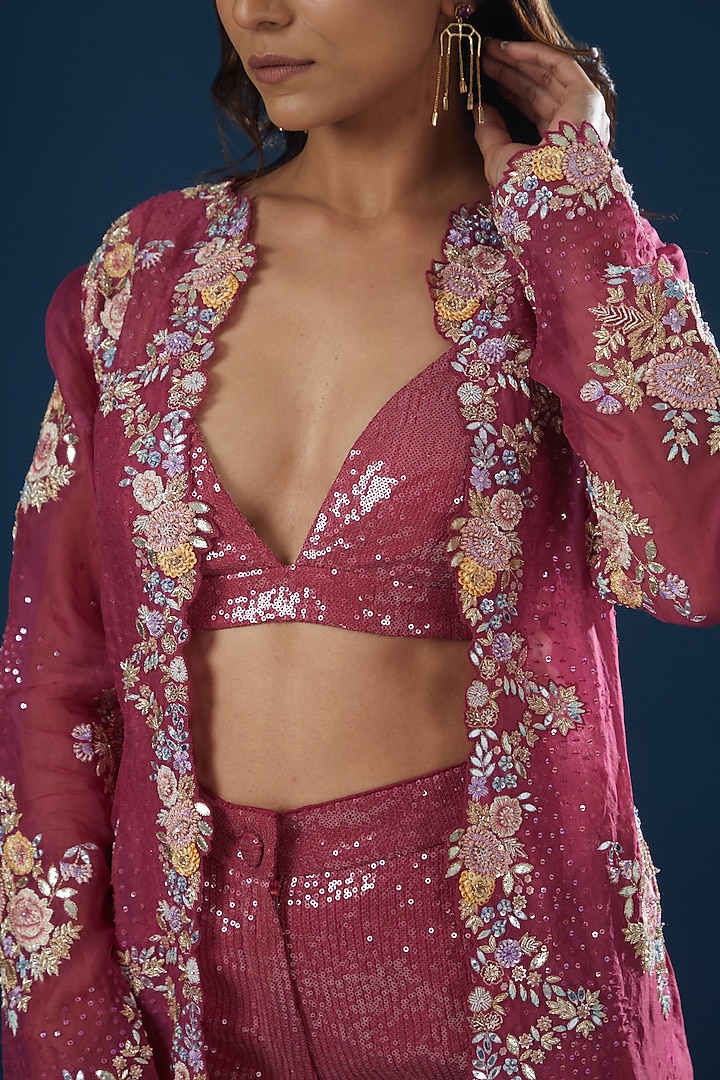 Red Silk Organza Hand Embroidered Jacket Set by Rahul Mishra at Pernia's Pop Up Shop