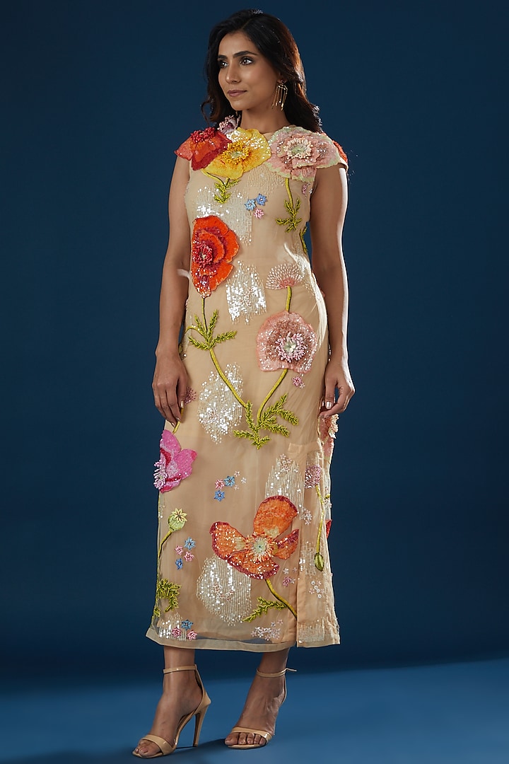Nude Silk Organza Hand Embroidered Slip Dress by Rahul Mishra