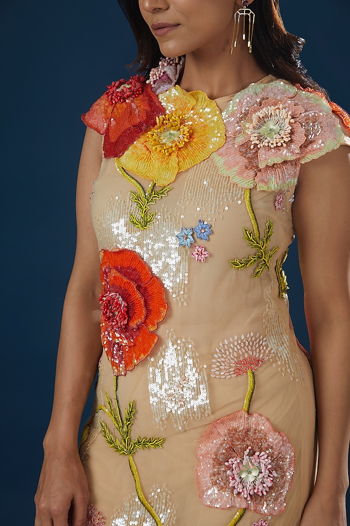 Nude Silk Organza Hand Embroidered Slip Party Wear Dress by Rahul Mishra at Pernia's Pop Up Shop