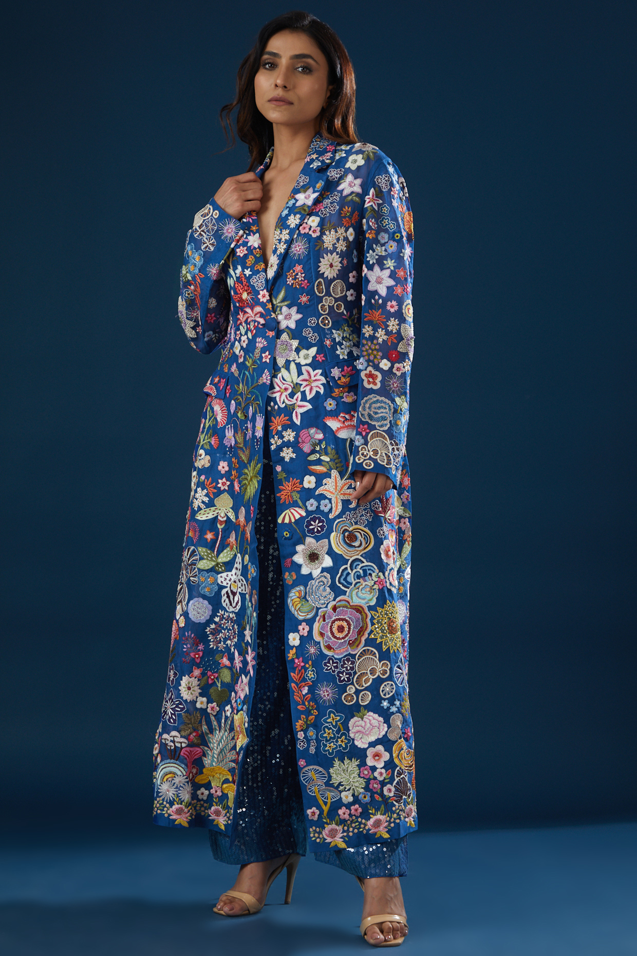 Blue Raw Silk Hand Embroidered Jacket Set by Rahul Mishra at Pernia's Pop Up Shop