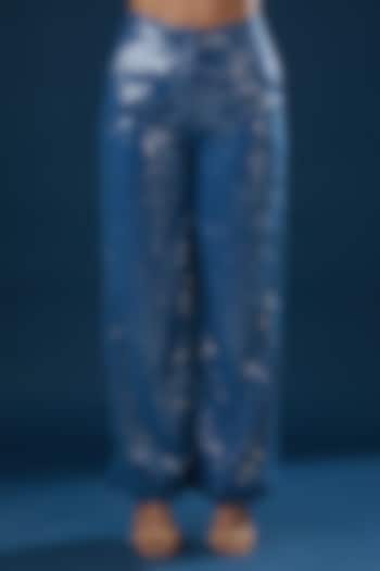 Blue Sequins Viscose Pants by Rahul Mishra at Pernia's Pop Up Shop