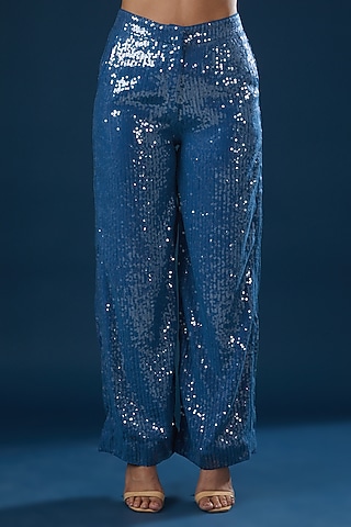 Blue Sequins Viscose Pants by Rahul Mishra