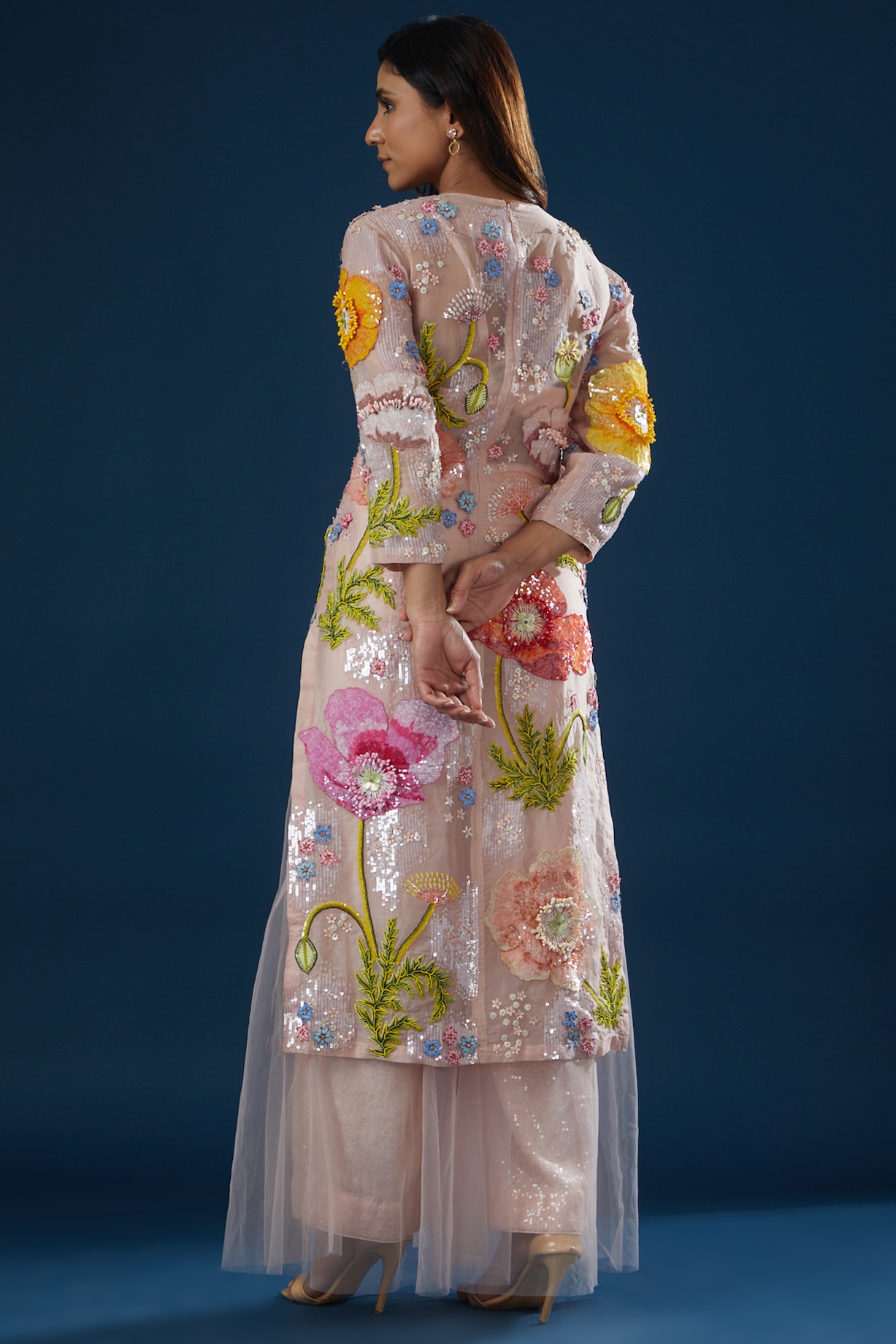 Blush Pink and Maroon stripped Acrylic and thread Embroidered Kurta
