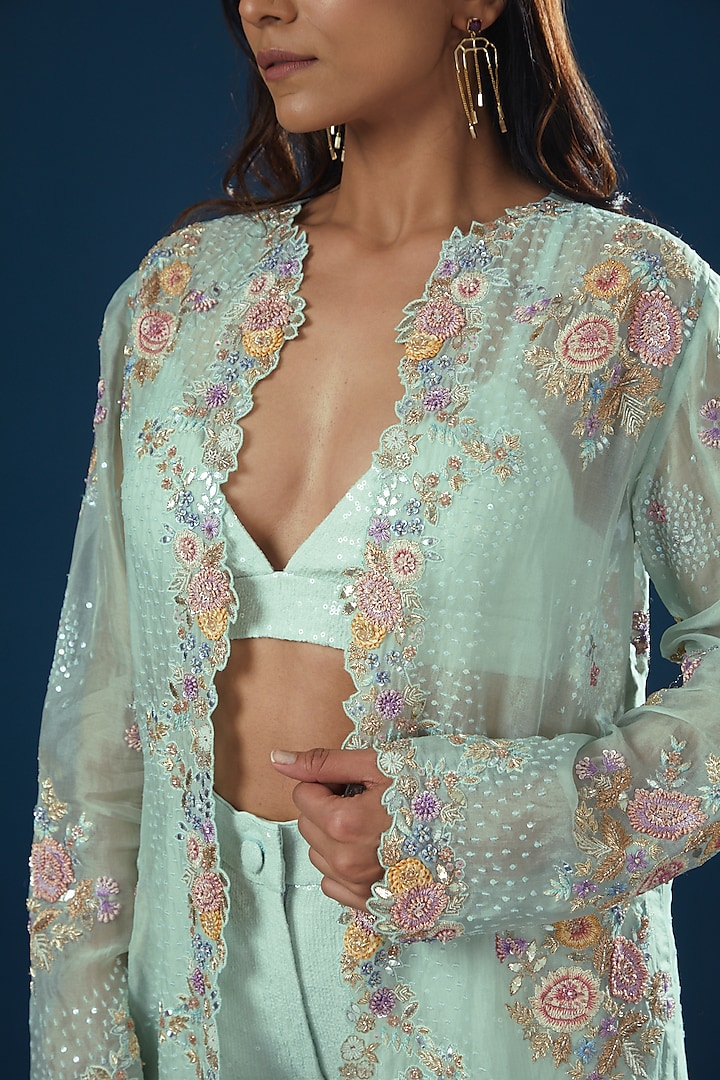 Powder Blue Silk Organza Hand Embroidered Jacket Set by Rahul Mishra at Pernia's Pop Up Shop