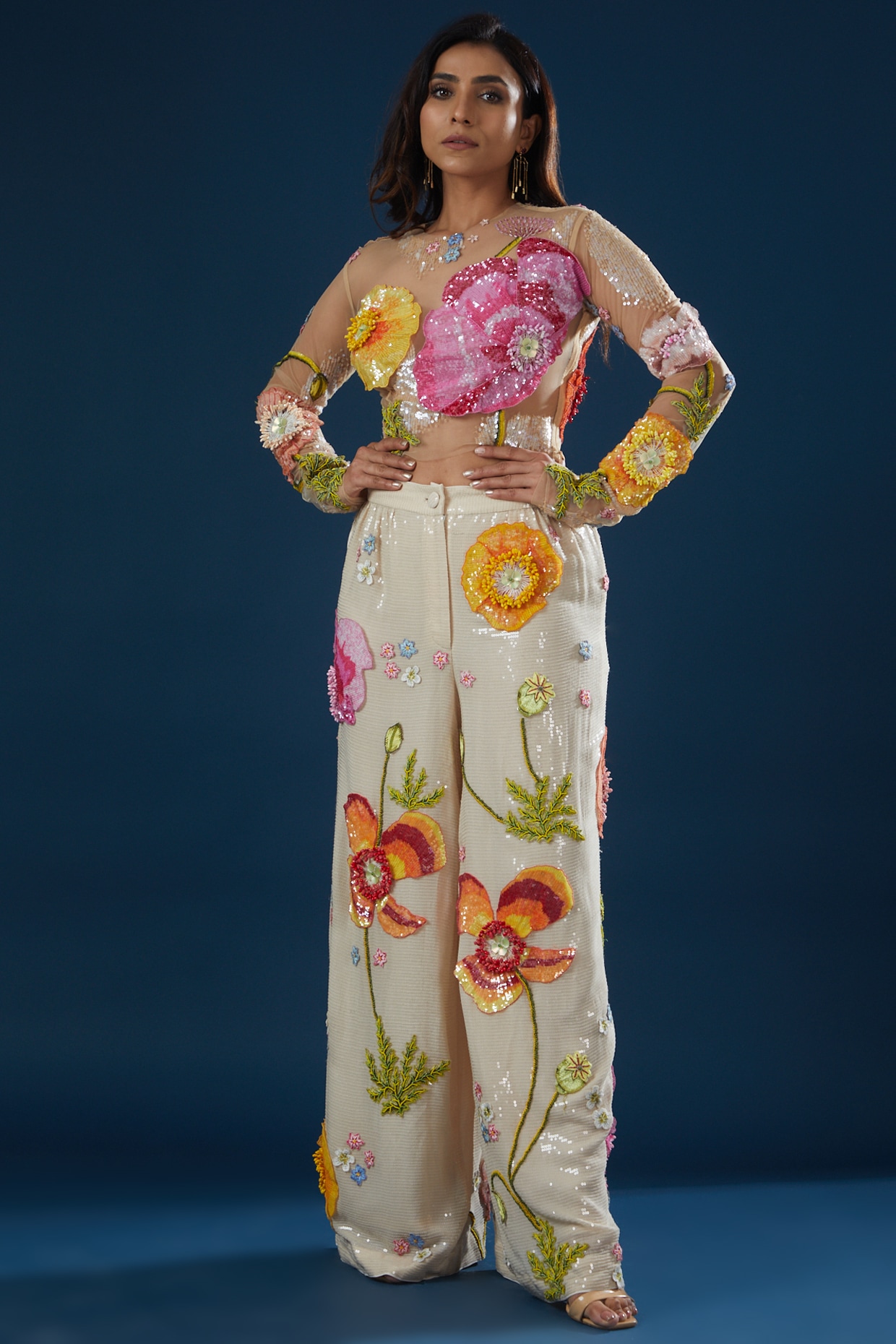 Ivory Sequins Viscose Hand Embroidered Pant Set by Rahul Mishra at