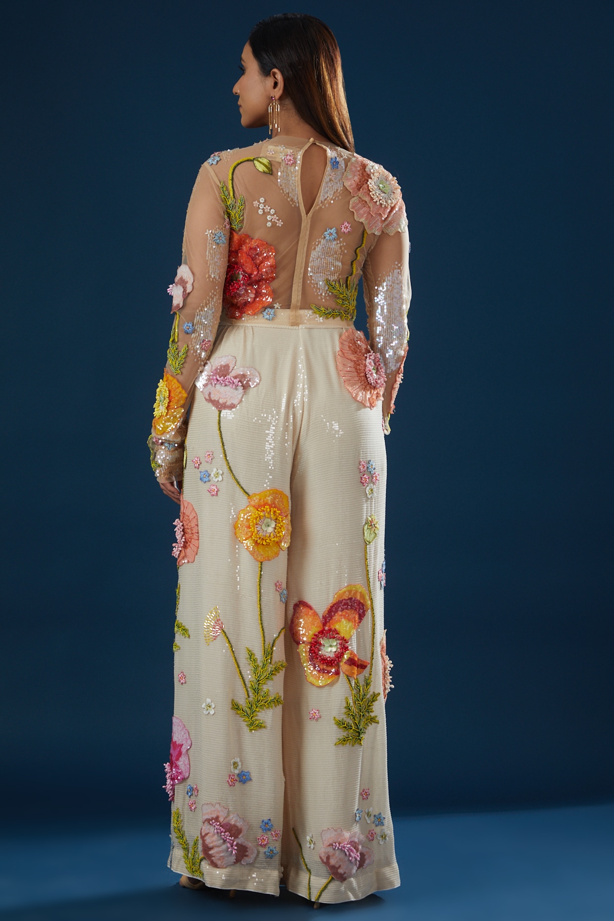 Ivory Sequins Viscose Hand Embroidered Pant Set by Rahul Mishra at