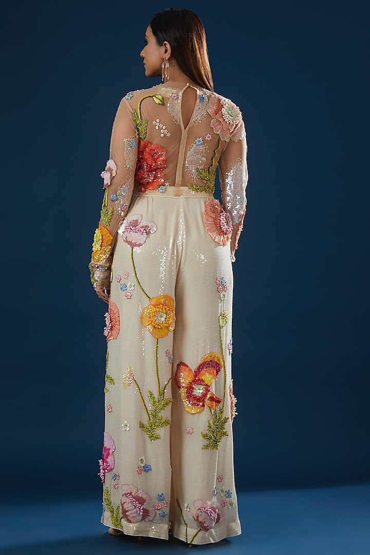 Ivory Sequins Viscose Hand Embroidered Pant Set by Rahul Mishra at