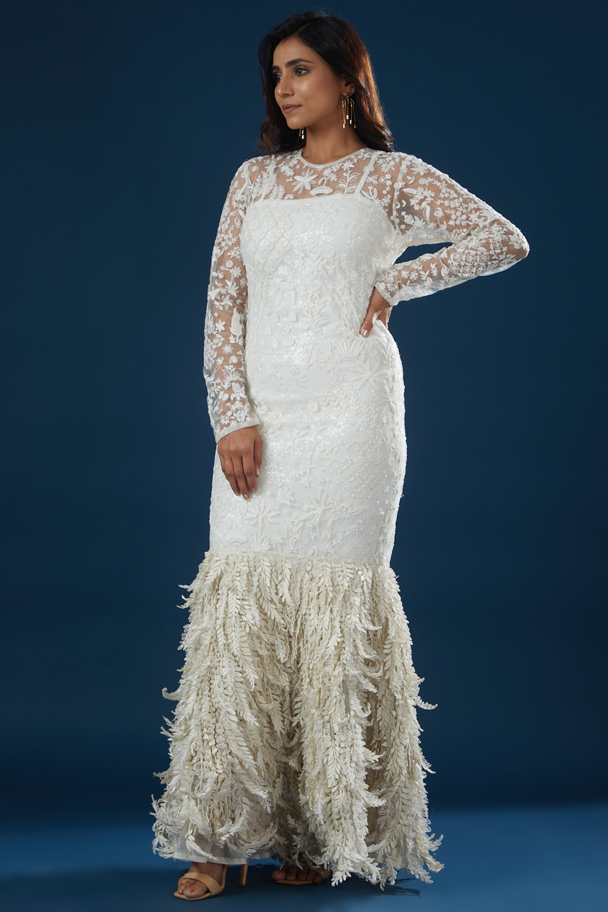 Black & Ivory Beaded Lace Sheer Engagement Dress - Promfy