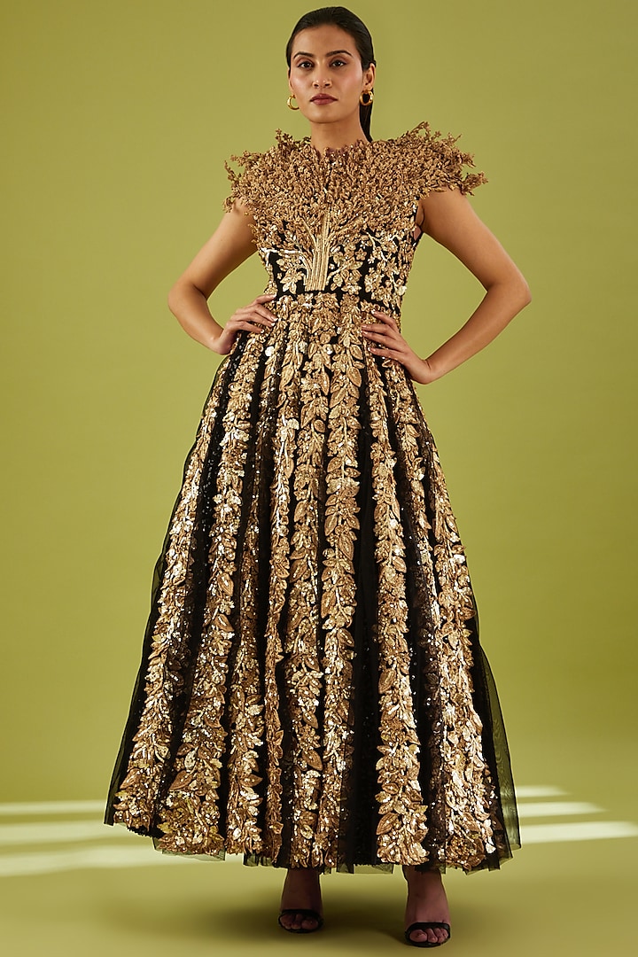 Gold & Black Tulle Hand Embroidered Gown by Rahul Mishra