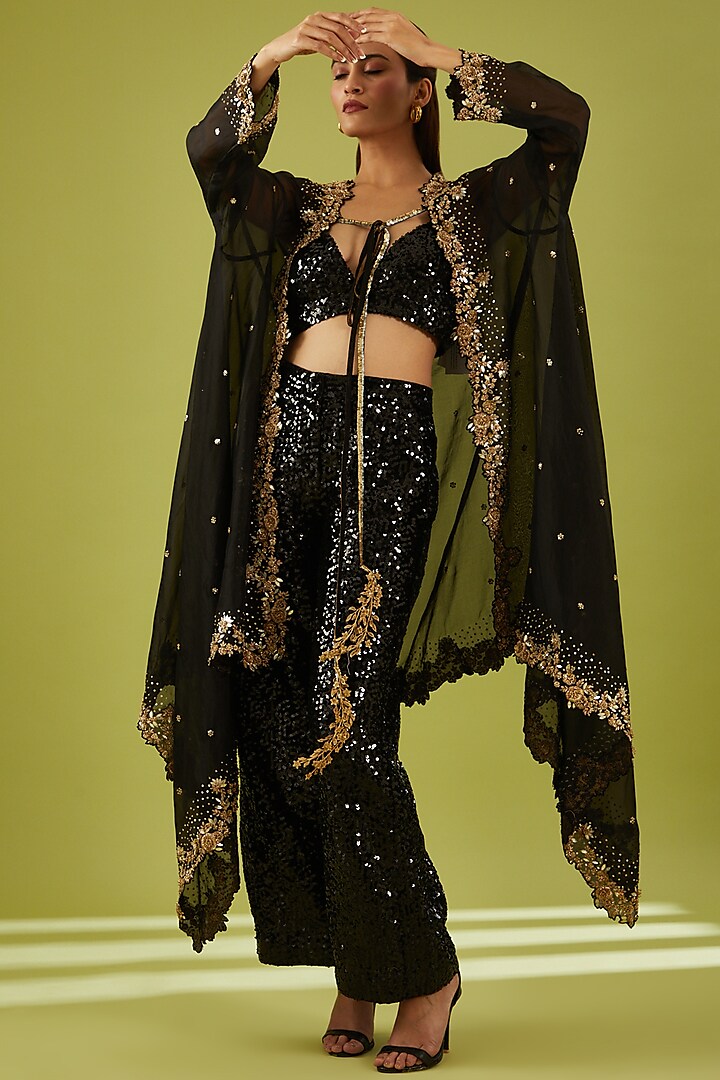 Black Silk Organza Embroidered Cape Set by Rahul Mishra at Pernia's Pop Up Shop