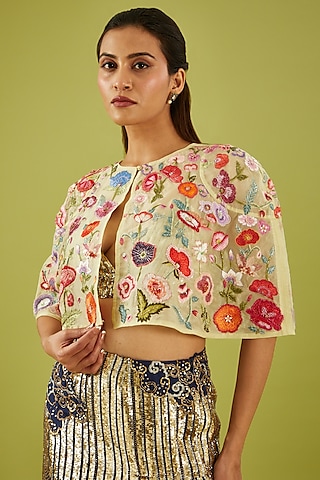 Multi-Colored Silk & Organza Embroidered Cape by Rahul Mishra