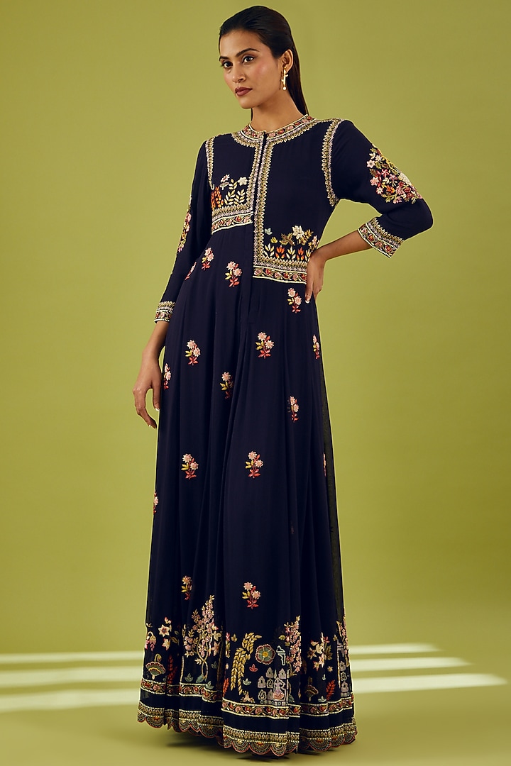 Black Silk Organza Embroidered Kurta by Rahul Mishra at Pernia's Pop Up Shop