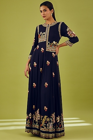 Black Silk Organza Embroidered Kurta by Rahul Mishra