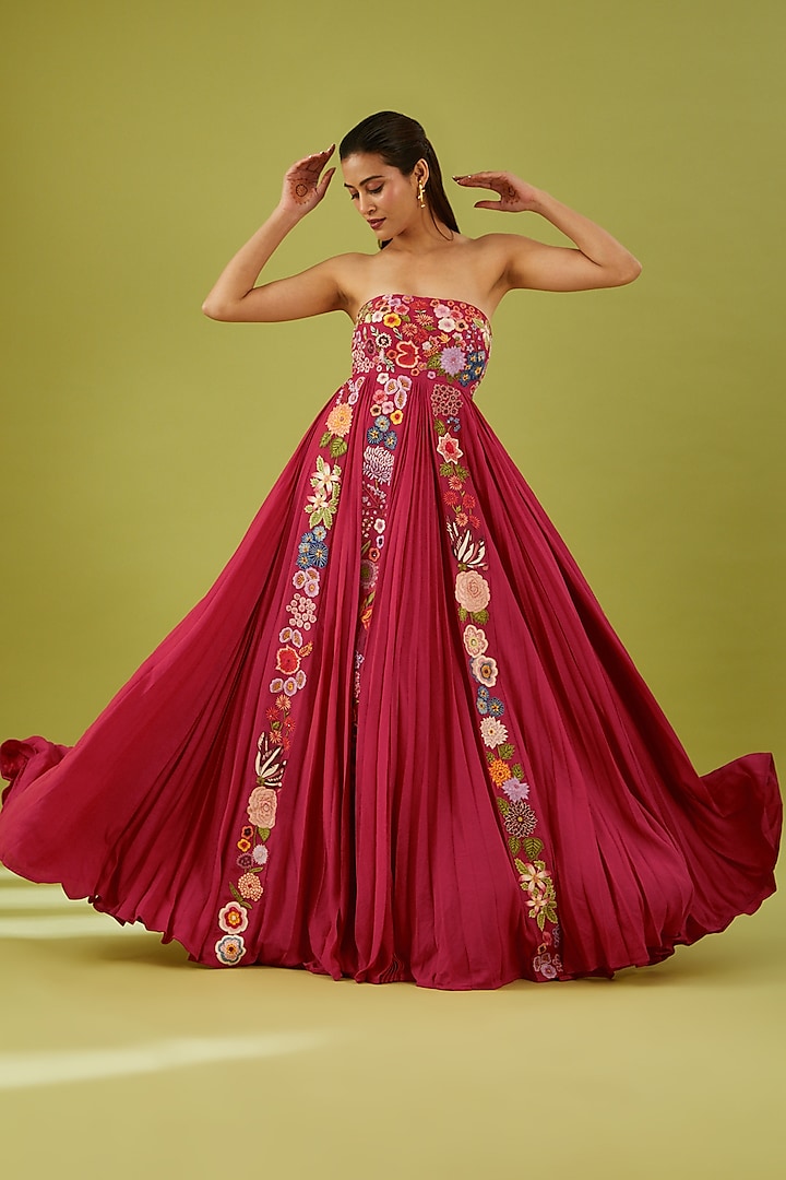 Red Silk Embroidered Gown by Rahul Mishra