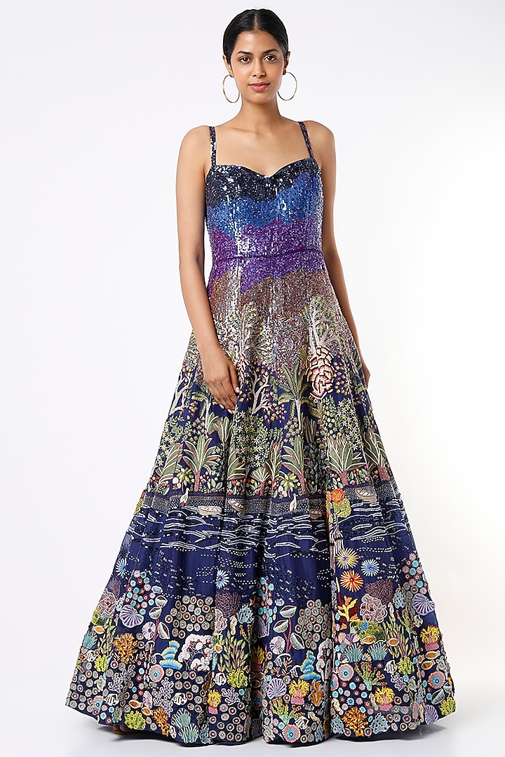 Blue Hand Embroidered Gown by Rahul Mishra