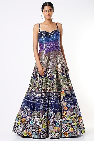 Blue Hand Embroidered Gown by Rahul Mishra