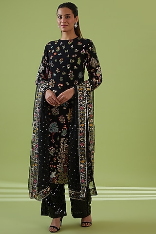 Black Silk Organza Embroidered Kurta Set by Rahul Mishra