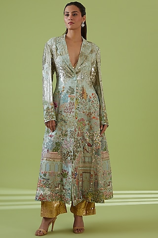 Sage Green Silk Organza & Tulle Embroidered Trench Coat Set by Rahul Mishra
