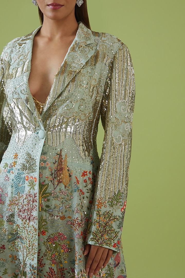 Sage Green Silk Organza & Tulle Embroidered Trench Coat Set by Rahul Mishra at Pernia's Pop Up Shop
