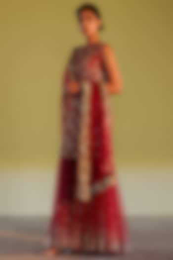 Plum Silk Georgette & Tulle Embroidered Bridal Sharara Set by Rahul Mishra at Pernia's Pop Up Shop