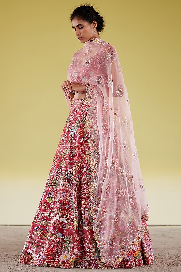 Coral Silk Organza Hand Embroidered Lehenga Set by Rahul Mishra