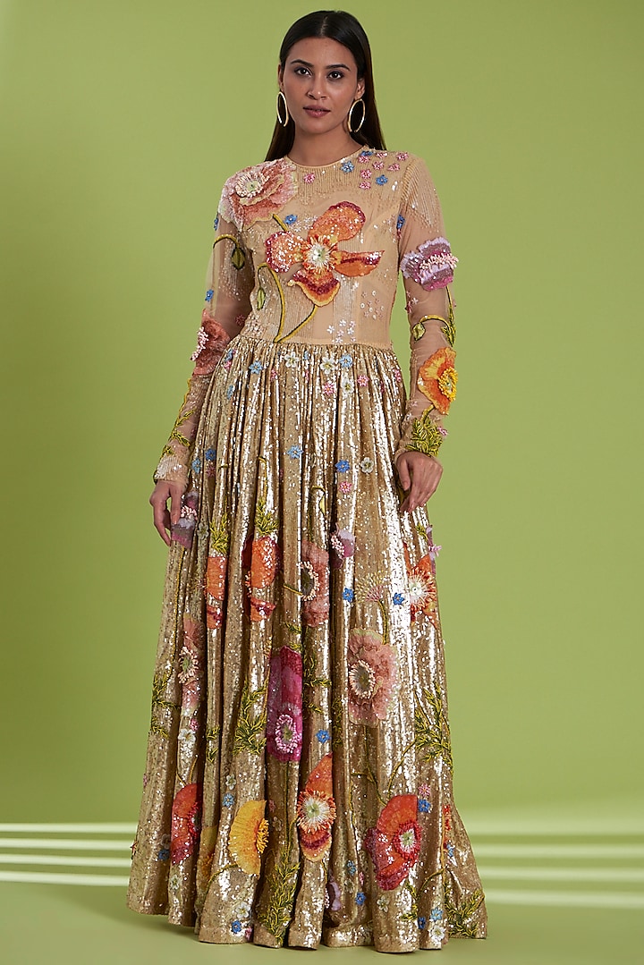 Gold Tulle Embroidered Gown by Rahul Mishra