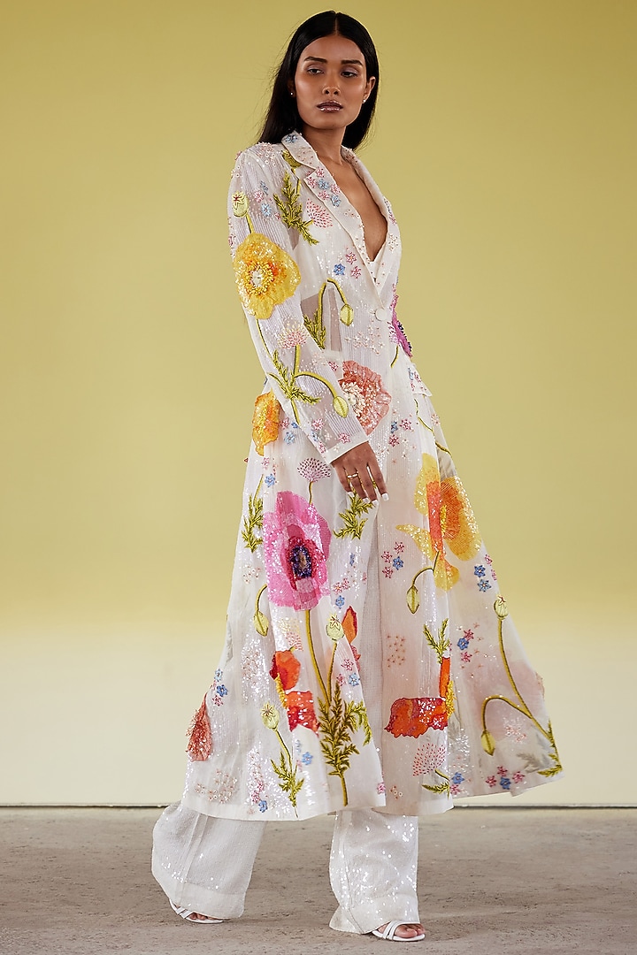 Ivory Silk Organza Hand Embroidered Jacket Set by Rahul Mishra at Pernia's Pop Up Shop