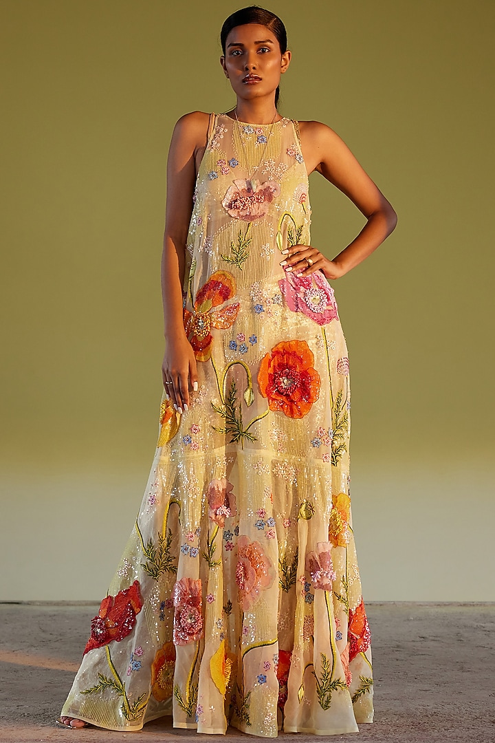 Yellow Silk Organza & Tulle Hand Embroidered Gown by Rahul Mishra