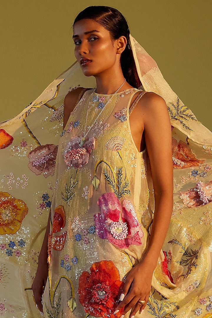 Gold Tulle Embroidered Maxi Dress Design by Rahul Mishra at Pernia's Pop Up  Shop 2024