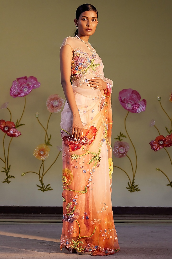 Ombre Silk Organza Hand Embroidered Saree Set by Rahul Mishra