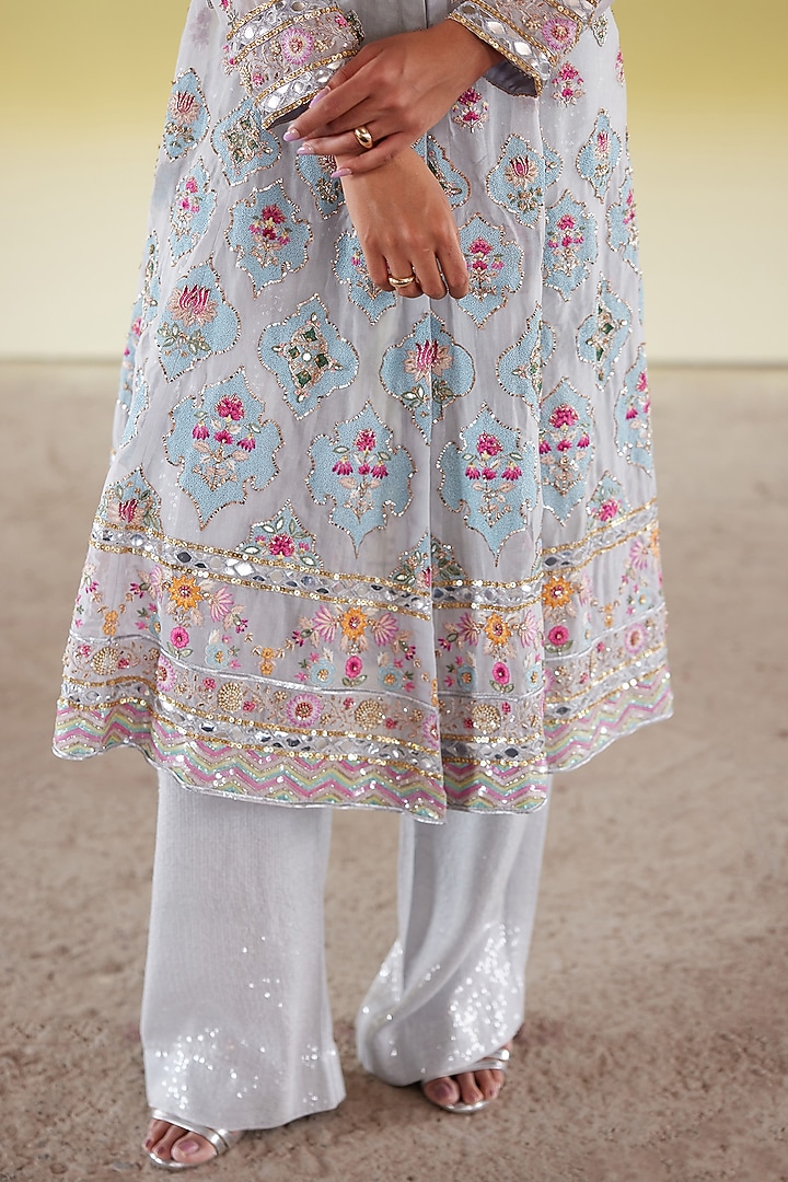 Organza Silk Hand Embellished High And Low Kurta Set
