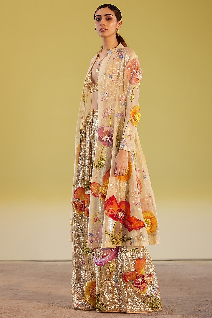 Yellow Organza Hand Embroidered Kurta Set by Rahul Mishra