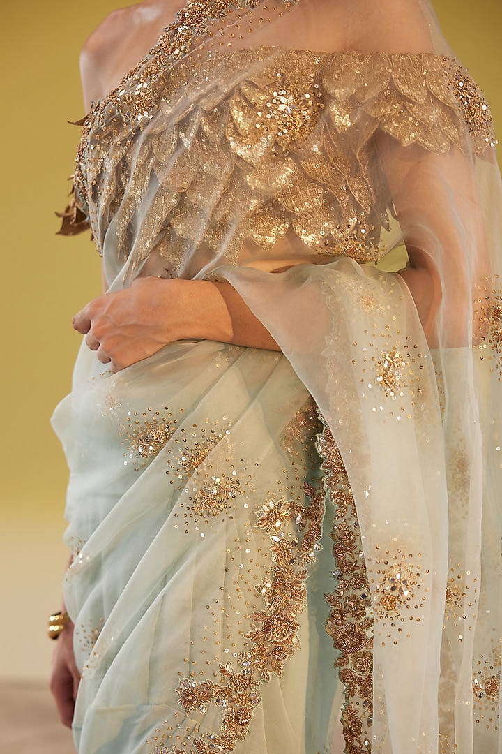 Mint Green Silk Organza & Moonga Silk Hand Embroidered Bridal Saree Set by Rahul Mishra at Pernia's Pop Up Shop