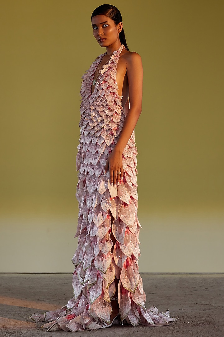 Pink Tulle Embroidered Maxi Dress by Rahul Mishra