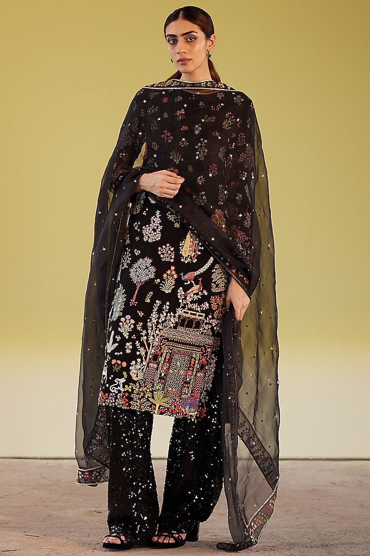 Black Georgette Organza Embroidered Kurta Set by Rahul Mishra