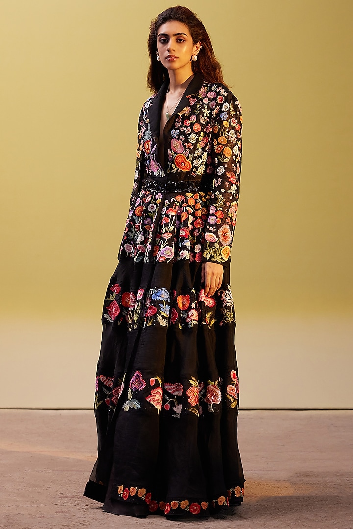 Black Silk Organza & Viscose Embroidered Jacket Set by Rahul Mishra