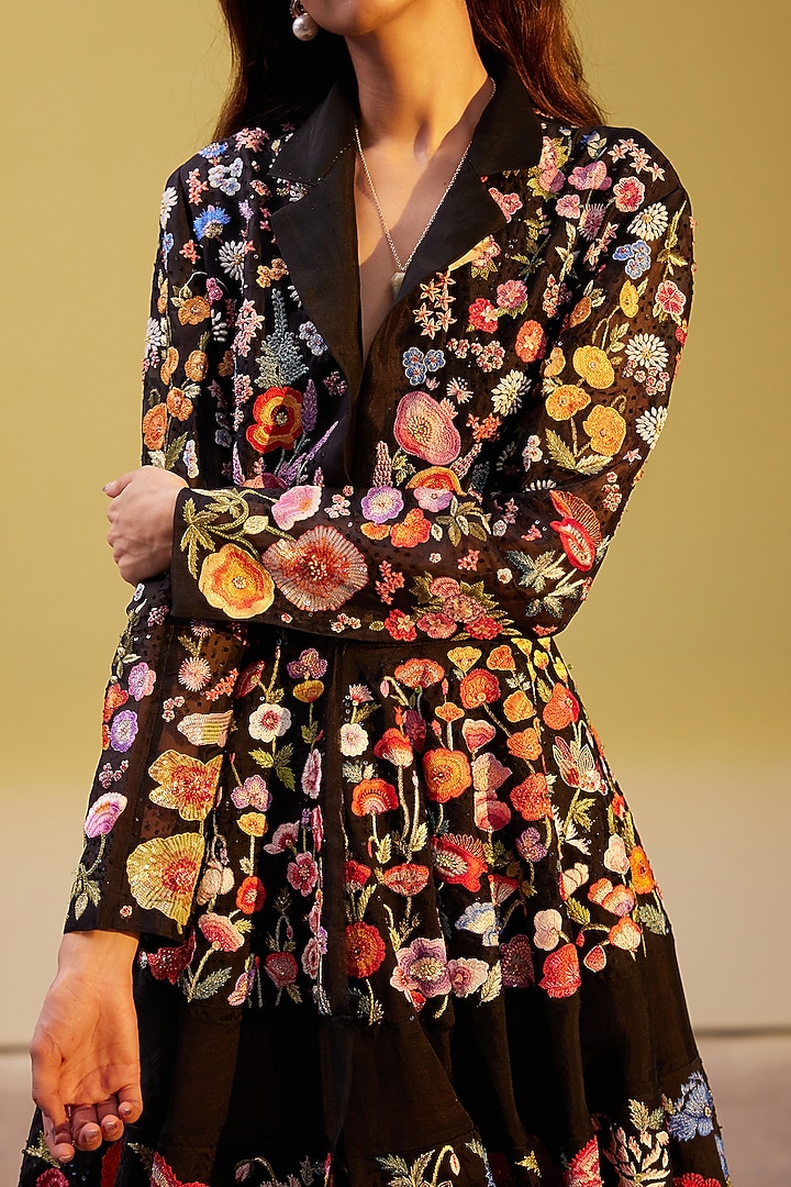 Black Silk Organza & Viscose Embroidered Jacket Set by Rahul Mishra at Pernia's Pop Up Shop
