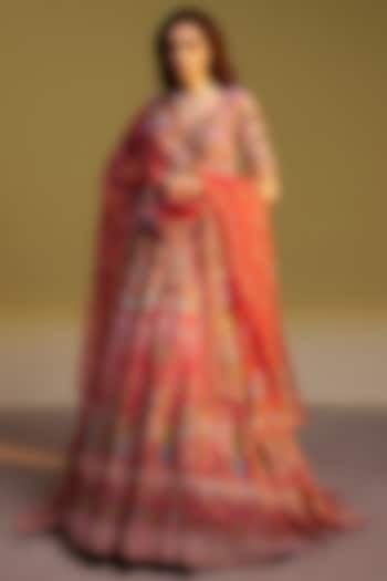 Coral Sequins Viscose Embroidered Lehenga Set by Rahul Mishra