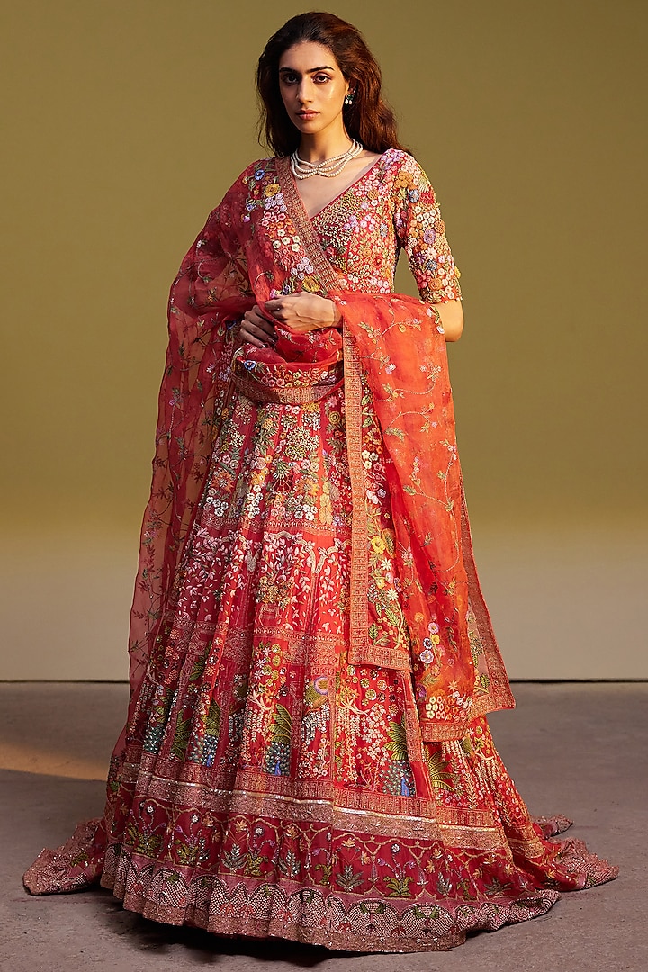 Coral Sequins Viscose Embroidered Lehenga Set by Rahul Mishra