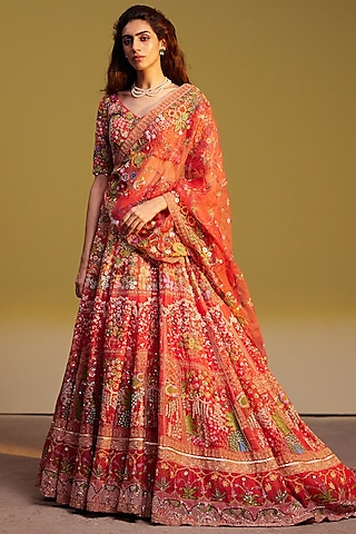 Coral Sequins Viscose Embroidered Lehenga Set by Rahul Mishra