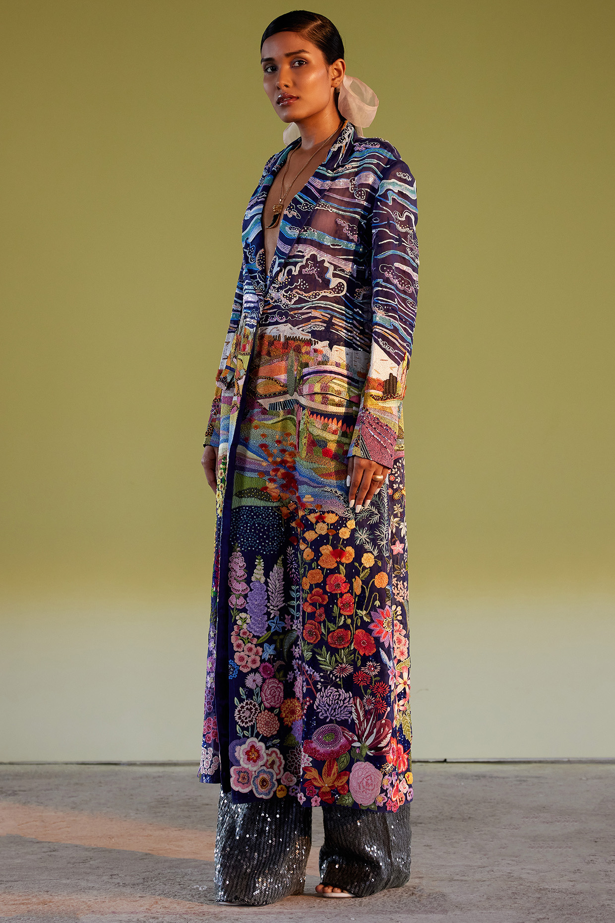 Navy Blue Organza Embroidered Jacket Set by Rahul Mishra at Pernia's Pop Up Shop